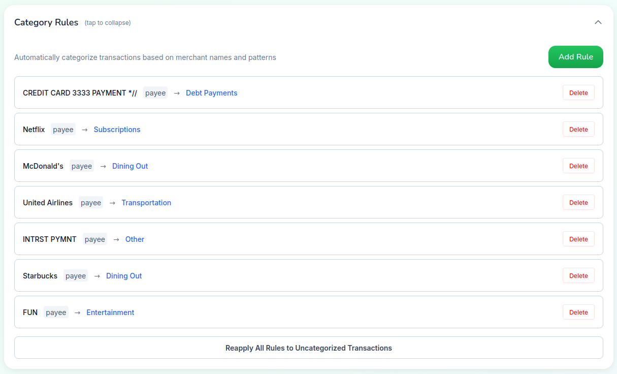 Transaction rules editor showing merchant-based and memo pattern auto-categorization with live previews